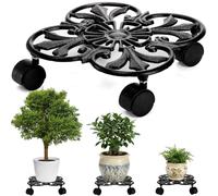 Goaste Cast Iron Plant Caddy, 28cm Heavy Duty Plant Stand, Rustic Plant Trolley with 4 Rolling Wheels, Round Planter Holder for Outdoor Indoor, Large Plant Flower Pots, Load Capacity 330 Lbs (Black)