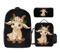 Goat 3 Pieces Set Laptop Backpack Casual Daypack with Lunch Box Pencil Case for Travel