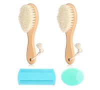 Goat Baby Hair Brush Set 2 Pieces Soft Wooden Bristle Brush with Comb and Green Silicone Bath Brush for Newborn Infant Toddler Safe Natural Hair Care Set
