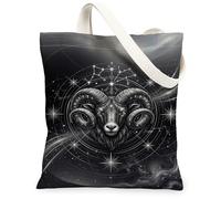 Goat Canvas Tote Bag for Women, Astrological Mystical Stars Constellations None Black Washable Reusable Small Tote Bag Ideas for Shopping Trips Office Library Casual 13x15 Inch