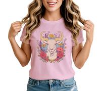Goat Floral Womens Graphic T-Shirt Vintage Animal Nature Design Small Light Pink