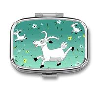 Goat Frolic Pill Box 2 Compartment, Portable Pill Case with Mirror for Pocket Purse Travel, Mini Metal Medicine Organizer for Vitamins Fish Oil