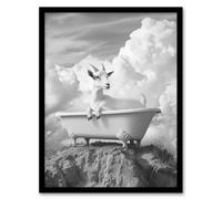Goat in a Bathtub on a Hill Black White Surreal Framed Art Print Artery8 Grey A4