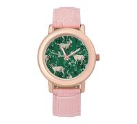 Goat Leaf Pattern Women's Leather Watch Easy Reader Minimalist Wristwatch Pink Rose Gold Strap Watches