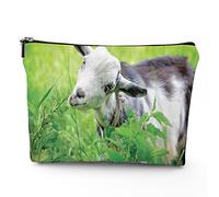 Goat,Linen Cosmetic Bag for Women Makeup Bag,Goat on The Grass,Organizer Makeup Pouch for Purse Water Resistant Gift,White Green,7x9in