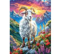 Goat on A Mountain Peak with Flowers 1000 Pieces Set Classic Jigsaw Puzzle Science Fiction Magical Dream Couple Puzzle Partners Mind Relaxation Wall Decor Easter New Year Premium Cardboard 1000 PCS