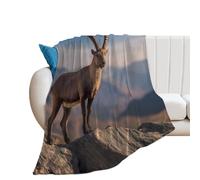 Goat Standing Atop A Mountain 250GSM Flannel Throw Blanket Anti-pilling Fuzzy Bed Blankets for Sofa Bedroom Office