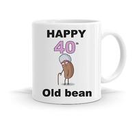 GOATINTHECOAT 40th Birthday Gift for her. Mug with Happy 40th Old 'Granny' Bean Image. 11oz Ceramic Dishwasher Safe Mugs. Made in The UK.