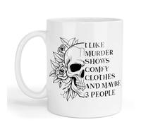 GOATINTHECOAT Skull Graphic Mug, White, 'I Like Murder Shows Comfy Clothes and Maybe 3 People' Print. Halloween Mug.