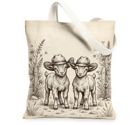 Goats Canvas Tote Bag for Women, Rustic Vintage Cowboy Hats Flowers None Beige Washable Reusable Small Tote Bags Ideas for Travel Work Shopping Bookstore 13x15 Inch