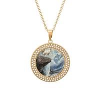 Goats Lambs Snow Mountain River Round Pendant Necklace Diamond Edging Brilliant Personalized Jewelry Gifts for Women Golden-style