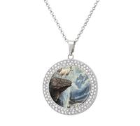 Goats Lambs Snow Mountain River Round Pendant Necklace Diamond Edging Brilliant Personalized Jewelry Gifts for Women Silver-style