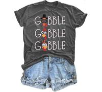 Gobble Thanksgiving T Shirt for Women Turkey Graphic Tees Shirt Casual Short Sleeve Thankful Family Tshirt Tops, Grey, M