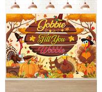 Gobble Till You Wobble Banner Backdrop 8x6FT Fall Maple Leaves Pumpkin Turkey Friendsgiving Photography Background Funny Rustic Wood Thanksgiving Party Decorations Supplies