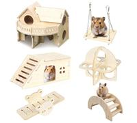 Gobesty 6 Pcs Wooden Hamster Toy Set, Hamster Accessories Set, Hamsters Enrichment Including Castle Seesaw Bridge Exercise Toys and Swing for Small Pets Gerbil Guinea Pig Dwarf Hamsters