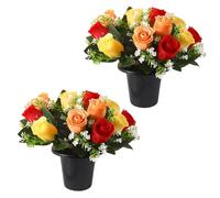 Gobesty Artificial Flowers for Graves 2PCS, Grave Flower Pots 25cm, Silk Flowers for Graves for Outdoor Memorial Grave, Funeral Decorations, Cemetery Flowers, Christmas Tributes (Orange)