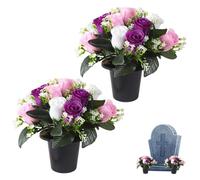 Gobesty Artificial Flowers for Graves 2PCS, Grave Flower Pots 25cm, Silk Flowers for Graves for Outdoor Memorial Grave, Funeral Decorations, Cemetery Flowers, Christmas Tributes (Purple)