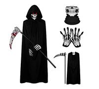 Gobesty Grim Reaper Costume Men, Halloween Cape, Reaper Costume, 4-Piece Death Costume Set with Coat, Props Scythe, Gloves, Holographic Skull Mask, for Adult Cosplay, Black