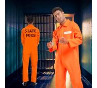 Gobesty Orange Prisoner Costume Men, Orange Prison Jumpsuit, Convict Costume Adult Mens with Handcuffs, Information Board, Number and Tattoo Stickers, Prisoner Overall for Halloween Carnival Cosplay
