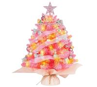 Gobesty Small Pink Christmas Tree, 2ft/60cm Mini Christmas Trees with Lights, Pink Tabletop Christmas Tree with Topper Star Ornaments, Pinks Xmas Trees for DIY Desktop Christmas Decorations