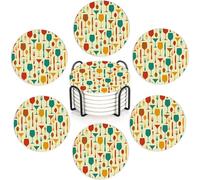 Goblet Pattern Set of 6 Coasters Absorbent Ceramic Drink Mats with Cork Base & Metal Holder, Spill Protectors for Mugs/Cups, Cheerful Home/Bar Decor