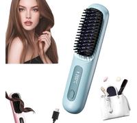 GoBrush Pro Cordless Hair Straightener Brush-3 Temperature Settings, Fast Heat Up, LED Display, USB-C Rechargeable, Portable & Travel-Friendly Hot Comb (Blue)