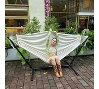 GOCAN Double Hammock 2 Person Large 220x150cm with Steel Stand and Removable spreader bar Load 500lb, Canvas Cotton Hammocks for Patio Porch Garden Backyard Outdoor and Indoor,beige
