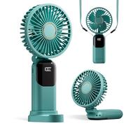 GOCKERA Portable Fan, 4200mAh Battery Operated Fan, 5 Speeds&Digital Display, Makeup Fans for Women with Base, 180°Foldable 3in1 Handheld/Neck/Desk Fan for Outdoor Indoor,Ultra Quiet (Green)