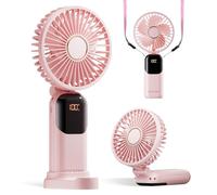 GOCKERA Portable Fan, 4200mAh Battery Operated Fan, 5 Speeds&Digital Display, Makeup Fans for Women with Base, 180°Foldable 3in1 Handheld/Neck/Desk Fan for Outdoor Indoor,Ultra Quiet (Pink)