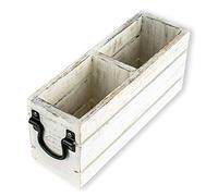 GoCraft Flatware Caddy with Metal Handles | 2 Compartment Mango Wood Cutlery Holder, Multipurpose Desk Organizer for Remote Controllers, Office Supplies, Makeup Brushes, Rustic White Finish