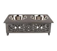 GoCraft Raised Dog Bowls for Small Dogs | Elegant Farmhouse Grey Washed Elevated Wooden Stand Feeder with 2 Stainless Steel Bowls for Your Pet Food & Water