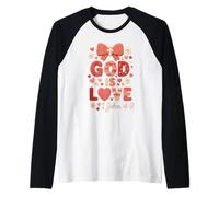 God 1 John 4:8 Bible Verse Bows Hearts Vintage Raglan Baseball Tee