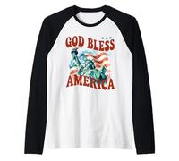 God Bless America Cool Patriotic Statue of Liberty & Flag Raglan Baseball Tee