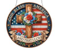 God Bless America - Cross DIY 2D Flat Acrylic Diamond Painting Hanging Pendant with Crystal Special Shape Rhinestone Diamond Painting Kit Sun Catcher Single-Sided Drill 24x22cm