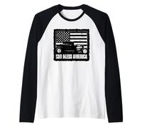 God Bless America Hotrod Car USA Flag Distressed Design Raglan Baseball Tee