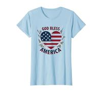 God Bless America Patriotic Heart Flag T-Shirt, Women, Baby Blue, S