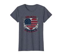 God Bless America Patriotic Heart Flag T-Shirt, Women, Heather Blue, S