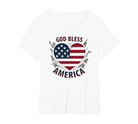 God Bless America Patriotic Heart Flag T-Shirt, Women's Plus, White, 1X