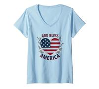 God Bless America Patriotic Heart Flag V-Neck T-Shirt, Women, Baby Blue, S