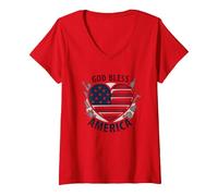 God Bless America Patriotic Heart Flag V-Neck T-Shirt, Women, Red, M