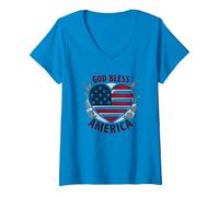 God Bless America Patriotic Heart Flag V-Neck T-Shirt, Women, Sapphire, S