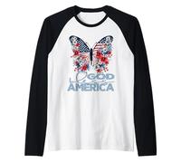 God Bless America Pretty Floral Butterfly Patriotic Fun Raglan Baseball Tee