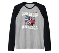God Bless America Pretty Patriotic Floral Horse & Flag Raglan Baseball Tee
