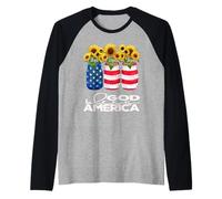 God Bless America Pretty Patriotic Sunflowers in Flag Jars Raglan Baseball Tee