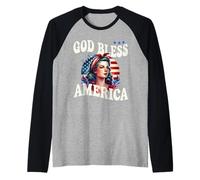 God Bless America Pretty Retro Woman with Patriotic Flag Raglan Baseball Tee