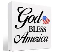God Bless American Patriotic Wood Block Sign Desk Decor,Funny 4th of July Christian Wooden Box Plaque Sign Desk Decor for Home Bedroom Living Room Office Shelf Table Decorations 5x5 Inch