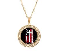 God Bless American U.S. Flag Cross Novelty Necklace Round Pendant Diamond Jewelry Gifts For Men Women Golden-style-11
