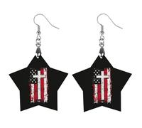 God Bless American U.S. Flag Cross Round Wooden Earrings Boho Drop Pendant Fashion Gifts for Women