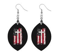 God Bless American U.S. Flag Cross Round Wooden Earrings Boho Drop Pendant Fashion Gifts for Women