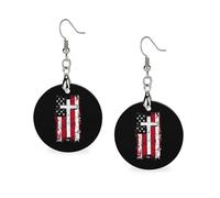 God Bless American U.S. Flag Cross Round Wooden Earrings Boho Drop Pendant Fashion Gifts for Women